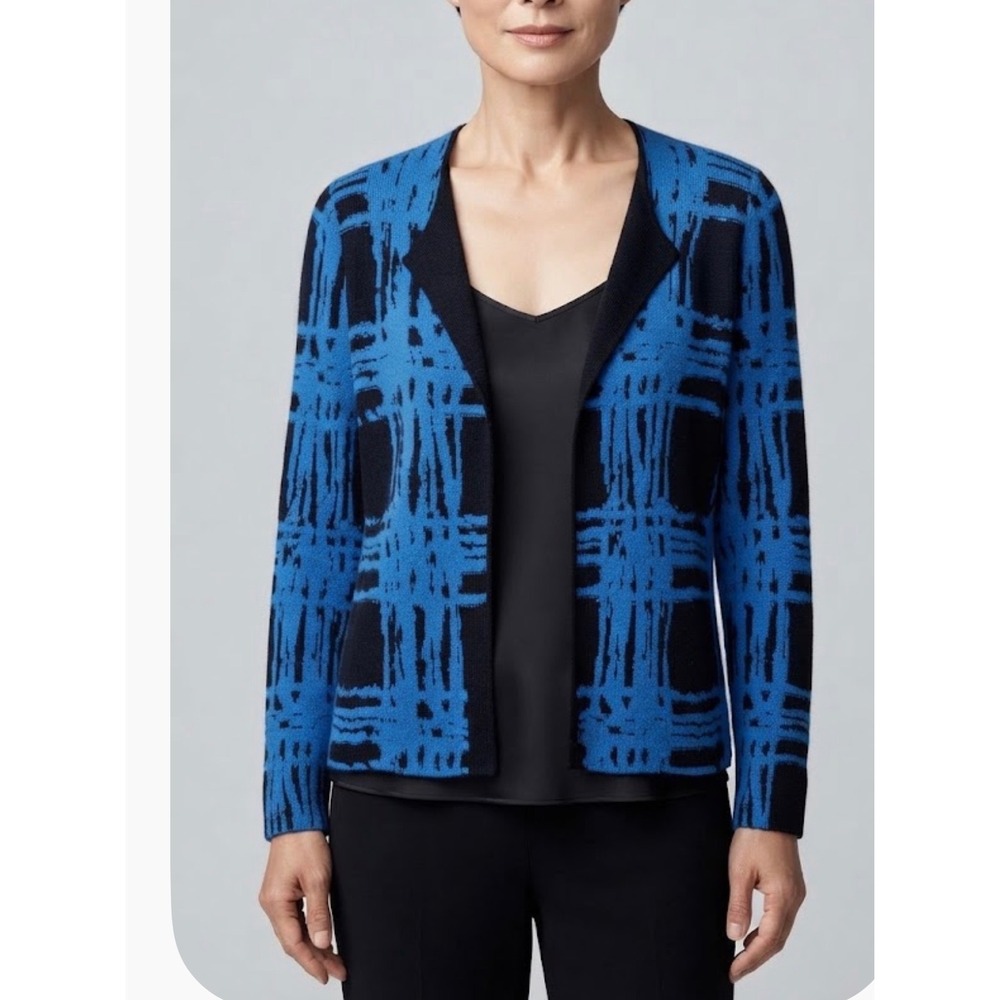 Ming Wang Knit Jacket Women Medium Blue Black Abstract Plaid Open Front Office
